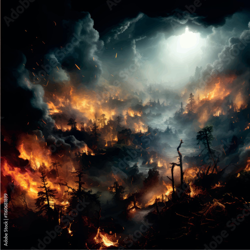 Fire in the forest top view illustration generation AI. Catastrophic forest fire. The forest is burning, trees are burning, storm, smoke over the forest.