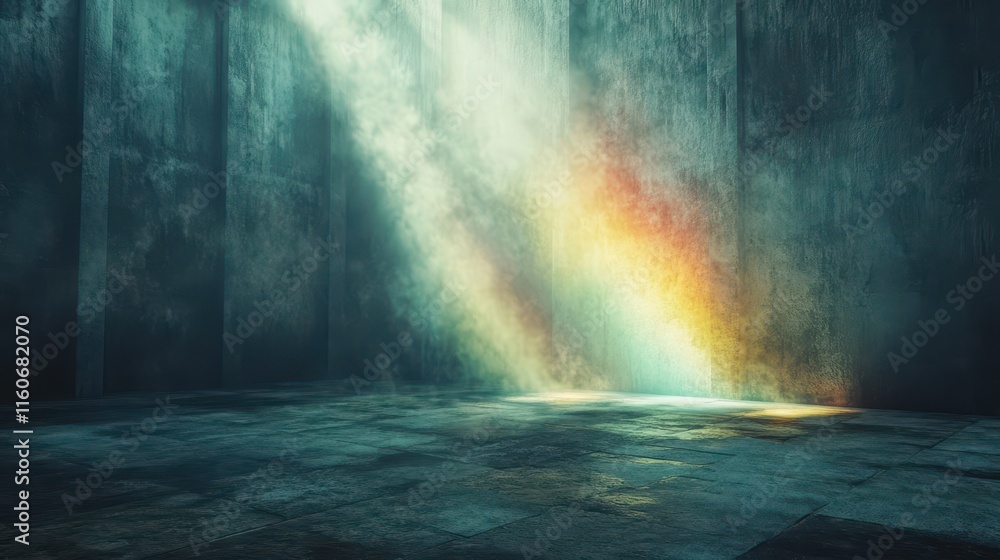 A background of an empty room with a beam of light coming in from the right side, illuminating the wall on one half and creating a rainbow effect. The floor is dark gray stone. A background of an empty room with a beam of light coming in from the right side, illuminating the wall on one half and creating a rainbow effect. The floor is dark gray stone.