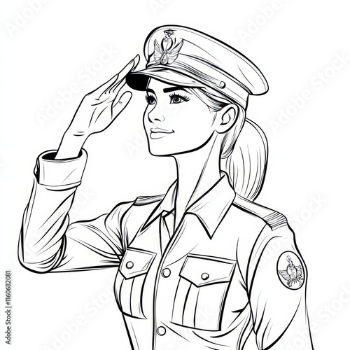 Policewoman Saluting: A striking line art illustration of a female police officer saluting, showcasing strength, dedication, and service.  Perfect for themes of law enforcement, respect. photo