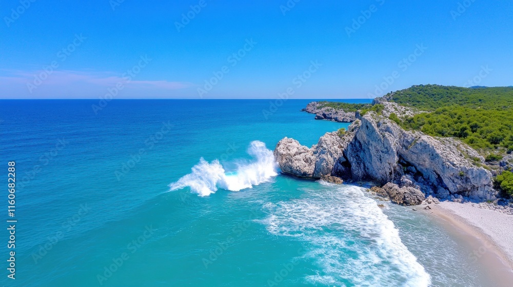 Obraz premium Scenic coastal view with waves crashing against rocky cliffs.