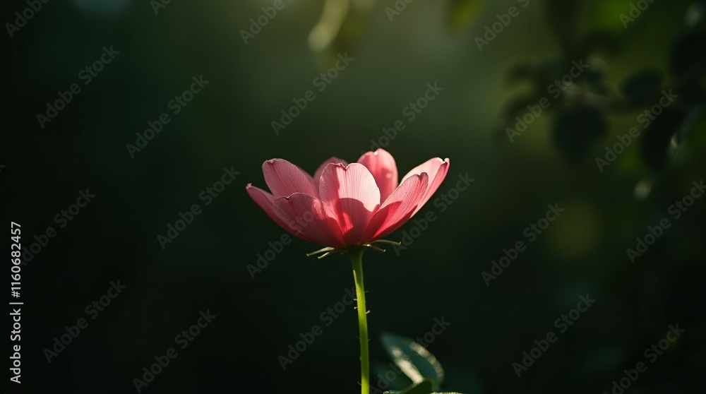 Single Pink Flower Illuminated by Sunlight Against Dark Foliage. Single Pink Flower Illuminated by Sunlight Against Dark Foliage.
