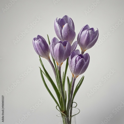 A soft lavender crocus bloom with a long stem, standing against a white background.