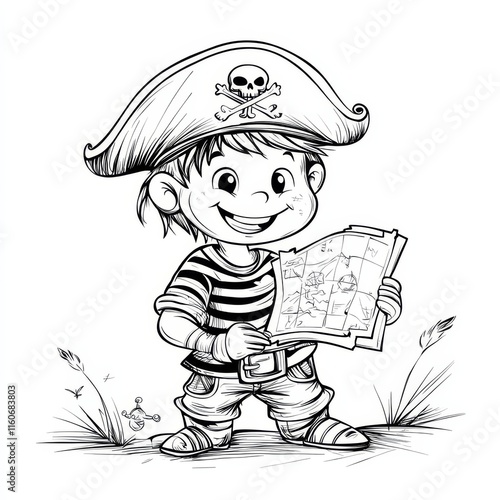 Jolly Roger's Young Recruit: A cheerful cartoon pirate boy, brimming with adventurous spirit, holds a treasure map, ready for his next escapade.   photo