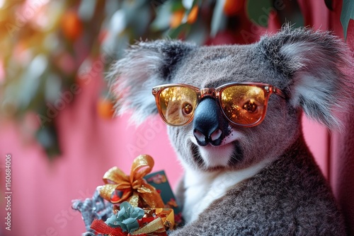 A koala wearing trendy shades and holding a present, great for marketing or social media photo