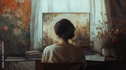 A painter reflecting on their past while using muted tones in their artwork, showcasing nostalgia.