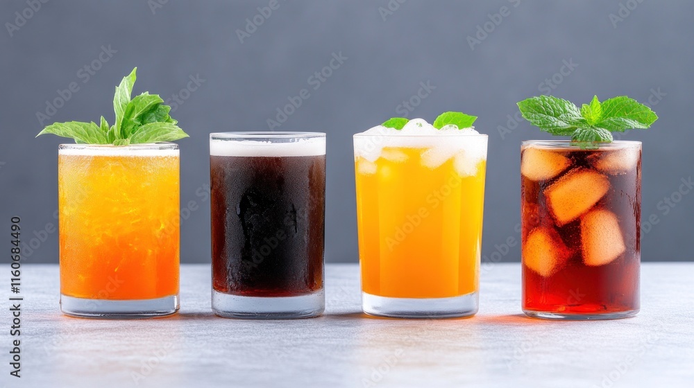Fototapeta premium Four colorful drinks in glasses with mint and ice on a grey background.