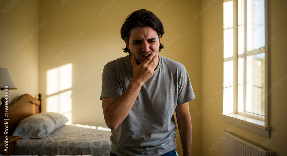 Man Experiencing Toothache Grey Shirt Bedroom Setting Man Experiencing Toothache Grey Shirt Bedroom Setting