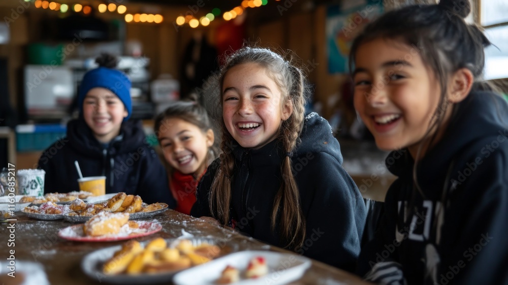 Happy children enjoy sweet treats together indoors Happy children enjoy sweet treats together indoors
