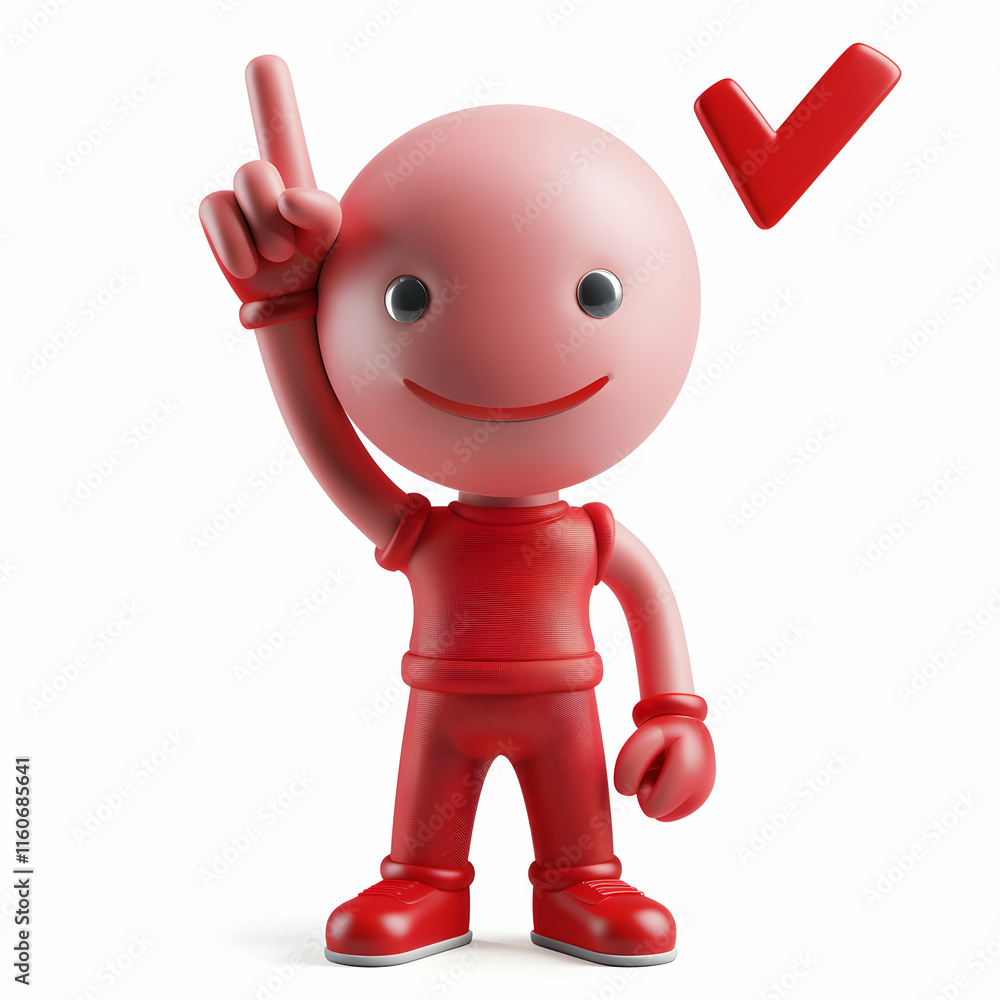 Friendly Red Character with Raised Finger and Check Mark Gesture Friendly Red Character with Raised Finger and Check Mark Gesture