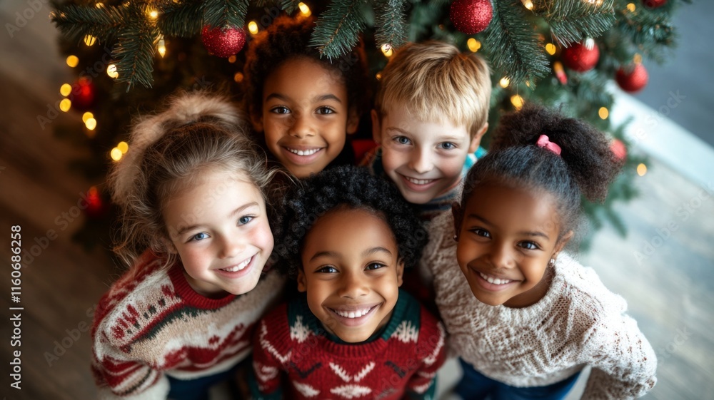 Diverse children smiling near a Christmas tree Diverse children smiling near a Christmas tree