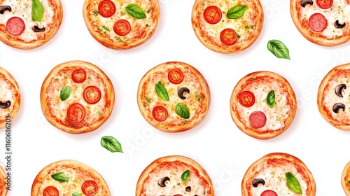 Pizza pattern illustration of tasty pizza. Pizza top view. Tomato, green, sausages or salami. Pizza food illustration isolated on white background.  photo