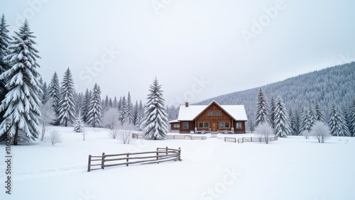Cosy log cabin amidst a serene winter wonderland, surrounded by a blanket of fresh snow and a rustic wooden fence