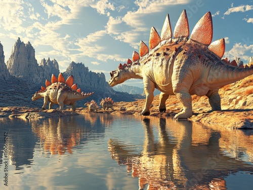 Fototapeta Naklejka Na Ścianę i Meble -  A serene landscape featuring Stegosaurus dinosaurs near a reflective water body.