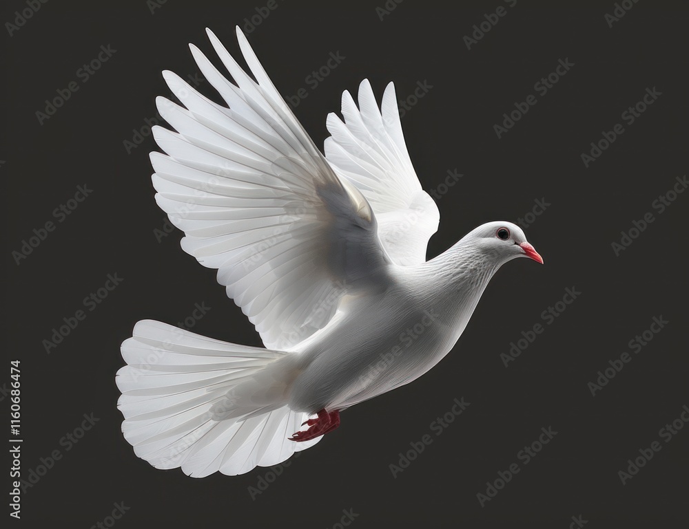 Fototapeta premium White dove in flight against dark background. (1)