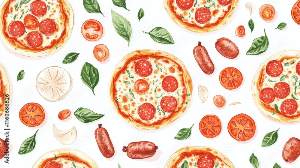 Pizza pattern illustration of tasty pizza. Pizza top view. Tomato, green, sausages or salami. Pizza food illustration isolated on white background. Pizza pattern illustration of tasty pizza. Pizza top view. Tomato, green, sausages or salami. Pizza food illustration isolated on white background.