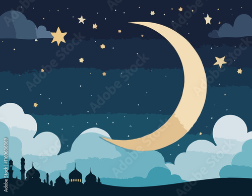 Ramadan Kareem Islamic Gift and Wish Card. A crescent moon. The crescent moon and stars among the clouds.