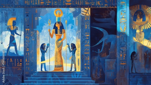 Egyptian Temple Interior with Hieroglyphics and Figures