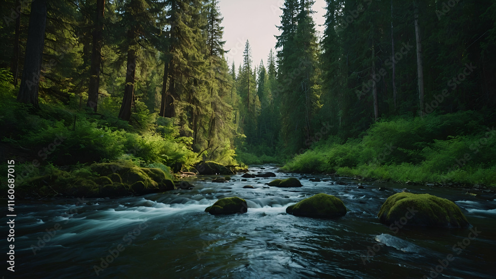 Scenic River Stream Flowing Through a Forest with Waterfall, Rocks, and Moss Scenic River Stream Flowing Through a Forest with Waterfall, Rocks, and Moss
