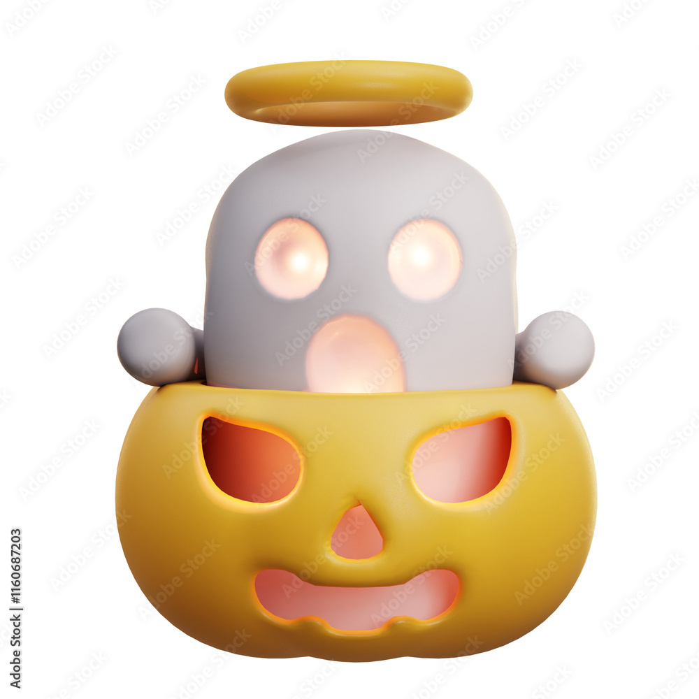 Fototapeta premium 3d illustration surprised ghost sits inside a glowing jackolantern 2