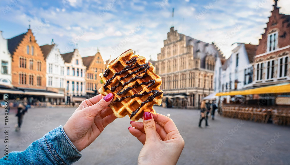 Obraz premium tasty waffle with chocolate sauce on the background of city tourist streets