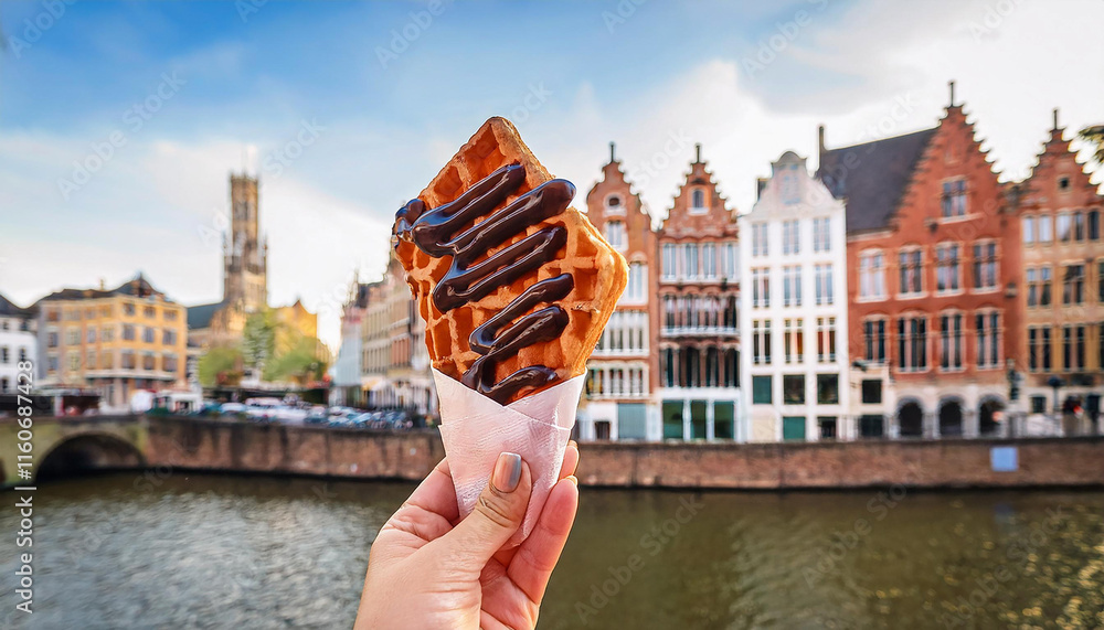 Fototapeta premium tasty waffle with chocolate sauce on the background of city tourist streets