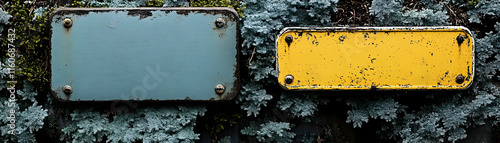 Rustic Metal Plates Background Image: Weathered Textures, Blank Signs, Vintage Design Elements photo