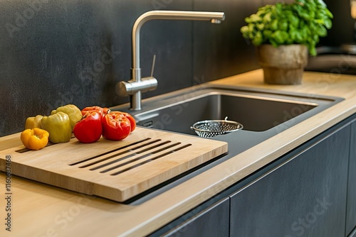 A kitchen sink with a built-in cutting board and colander, showcasing the innovative and functional design of a contemporary kitchen. photo