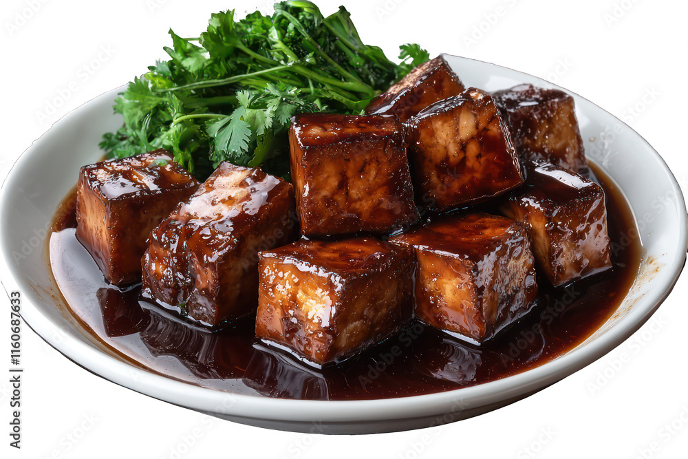 Tofu braised in a savory sauce, clear background, PNG. Tofu braised in a savory sauce, clear background, PNG.