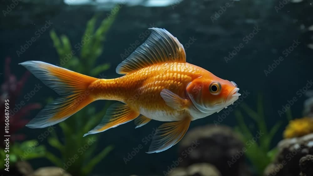 Goldfish swimming in a clear aquarium with vibrant orange and white colors Goldfish swimming in a clear aquarium with vibrant orange and white colors