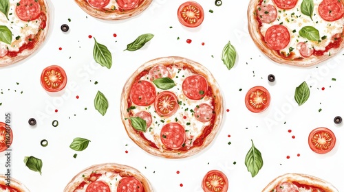 Pizza pattern illustration of tasty pizza. Pizza top view. Tomato, green, sausages or salami. Pizza food illustration isolated on white background.  photo