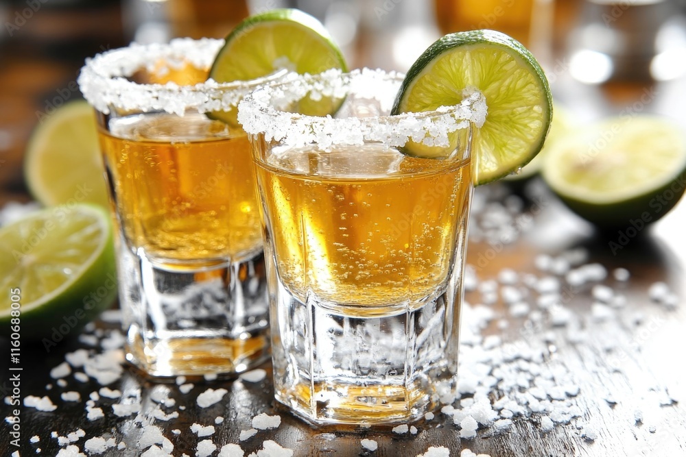 Two shot glasses filled with tequila and garnished with lime slices, perfect for a party or social gathering Two shot glasses filled with tequila and garnished with lime slices, perfect for a party or social gathering