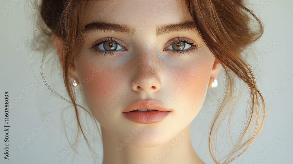 Captivating portrait of a young woman with striking green eyes and natural beauty in soft lighting Captivating portrait of a young woman with striking green eyes and natural beauty in soft lighting