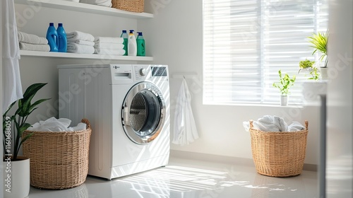 Modern washing machine in a clean laundry room with appliances and furniture, showing a fresh interior design and organized space