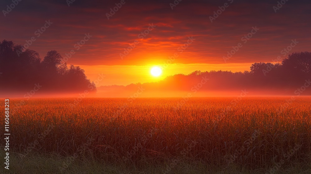 Fototapeta premium Sunrise over a field of tall grasses, with a vibrant orange and red sky and mist rising from the ground.