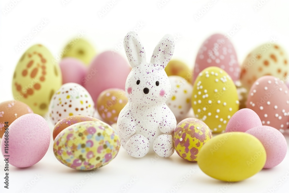 A small white rabbit surrounded by colorful Easter eggs, perfect for spring and holiday designs A small white rabbit surrounded by colorful Easter eggs, perfect for spring and holiday designs