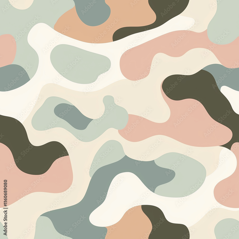 Abstract camouflage pattern featuring soft organic shapes in muted colors like green, beige, and pale blue. Abstract camouflage pattern featuring soft organic shapes in muted colors like green, beige, and pale blue.