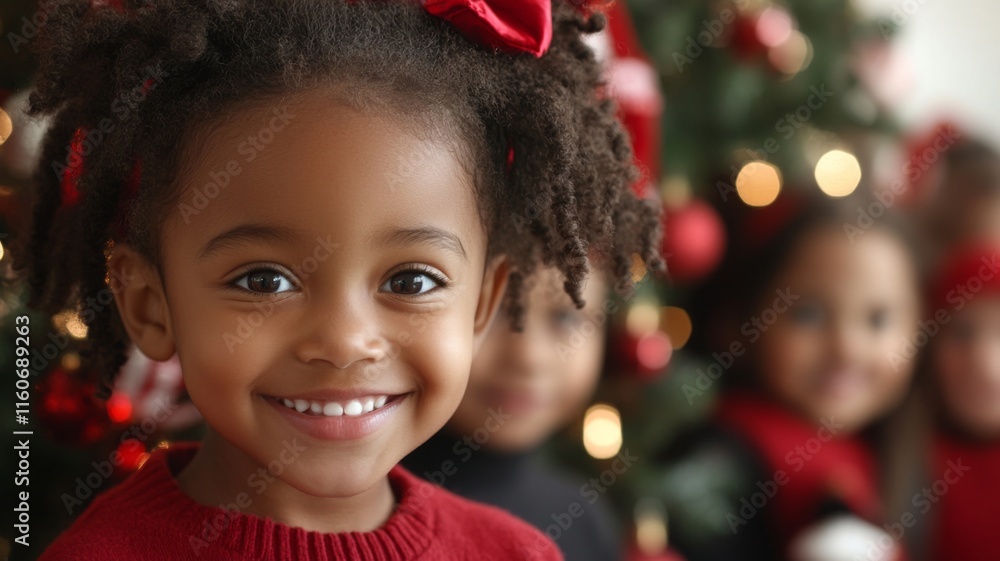 A Happy Little Girl Smiles Near A Christmas Tree A Happy Little Girl Smiles Near A Christmas Tree
