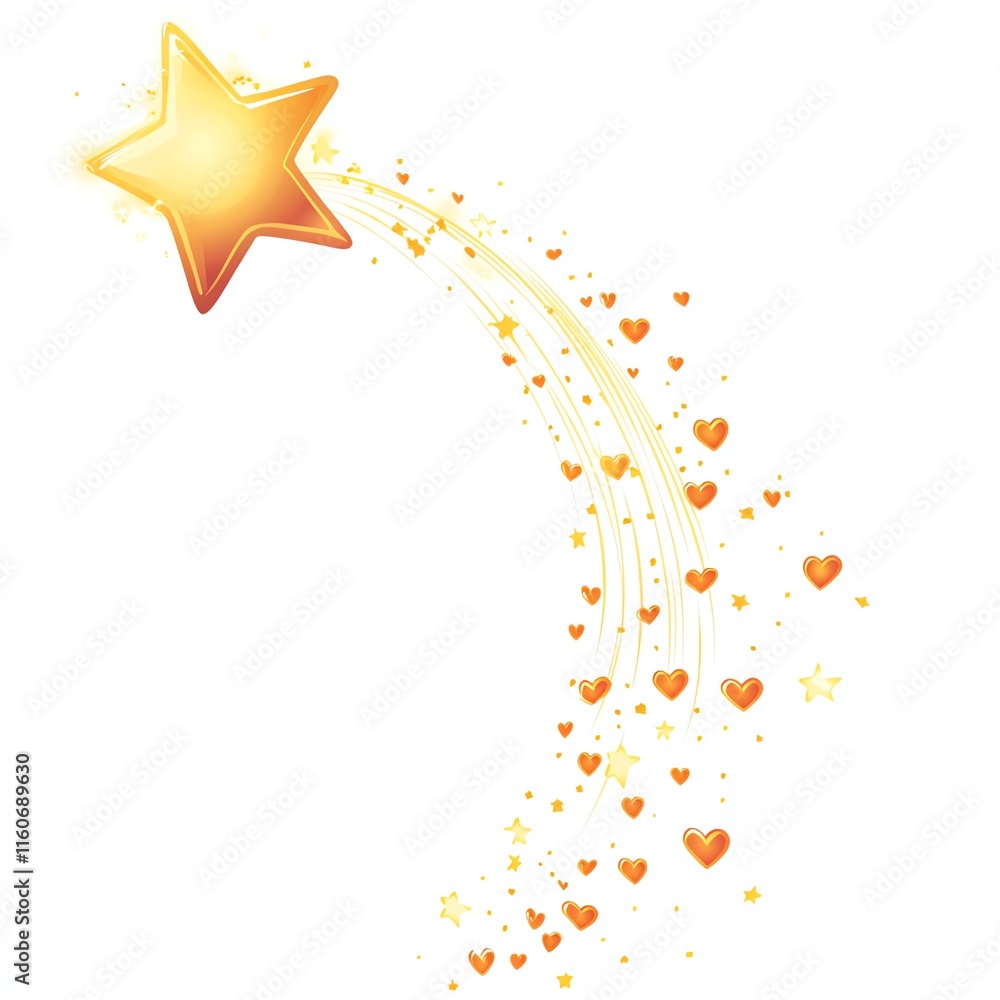 Obraz premium Golden star with a trail of hearts and sparkles, white isolate background.