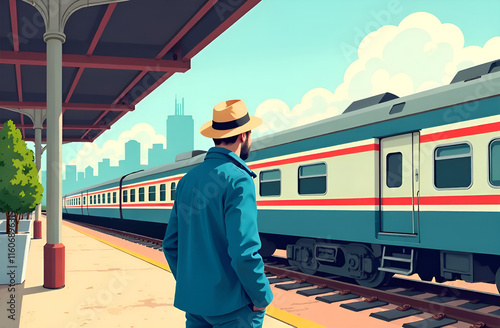 A dapper man in a tailored blue suit and stylish hat waits at a busy train station, eager for an adventure
