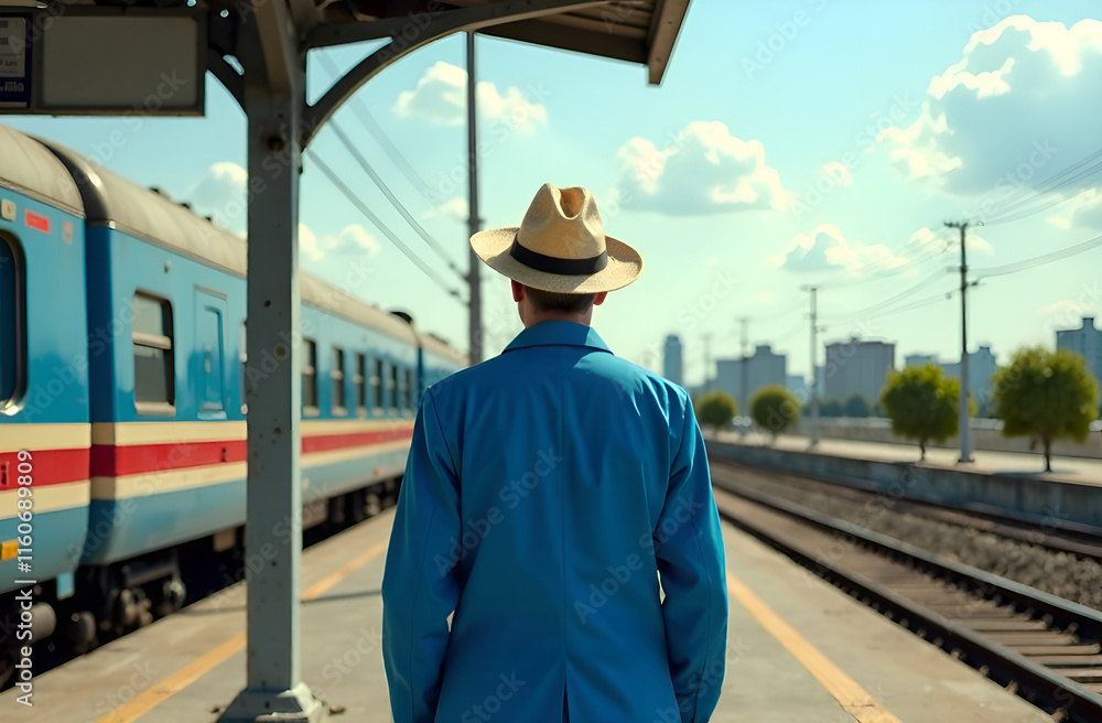 A dapper man in a tailored blue suit and stylish hat waits at a busy train station, eager for an adventure