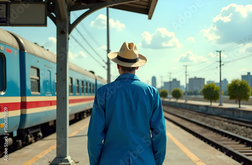 Obraz na płótnie A dapper man in a tailored blue suit and stylish hat waits at a busy train station, eager for an adventure w salonie