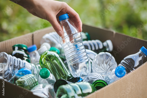 Wallpaper Mural Hand removes plastic bottle from a box, with a green background symbolizing recycling efforts Torontodigital.ca