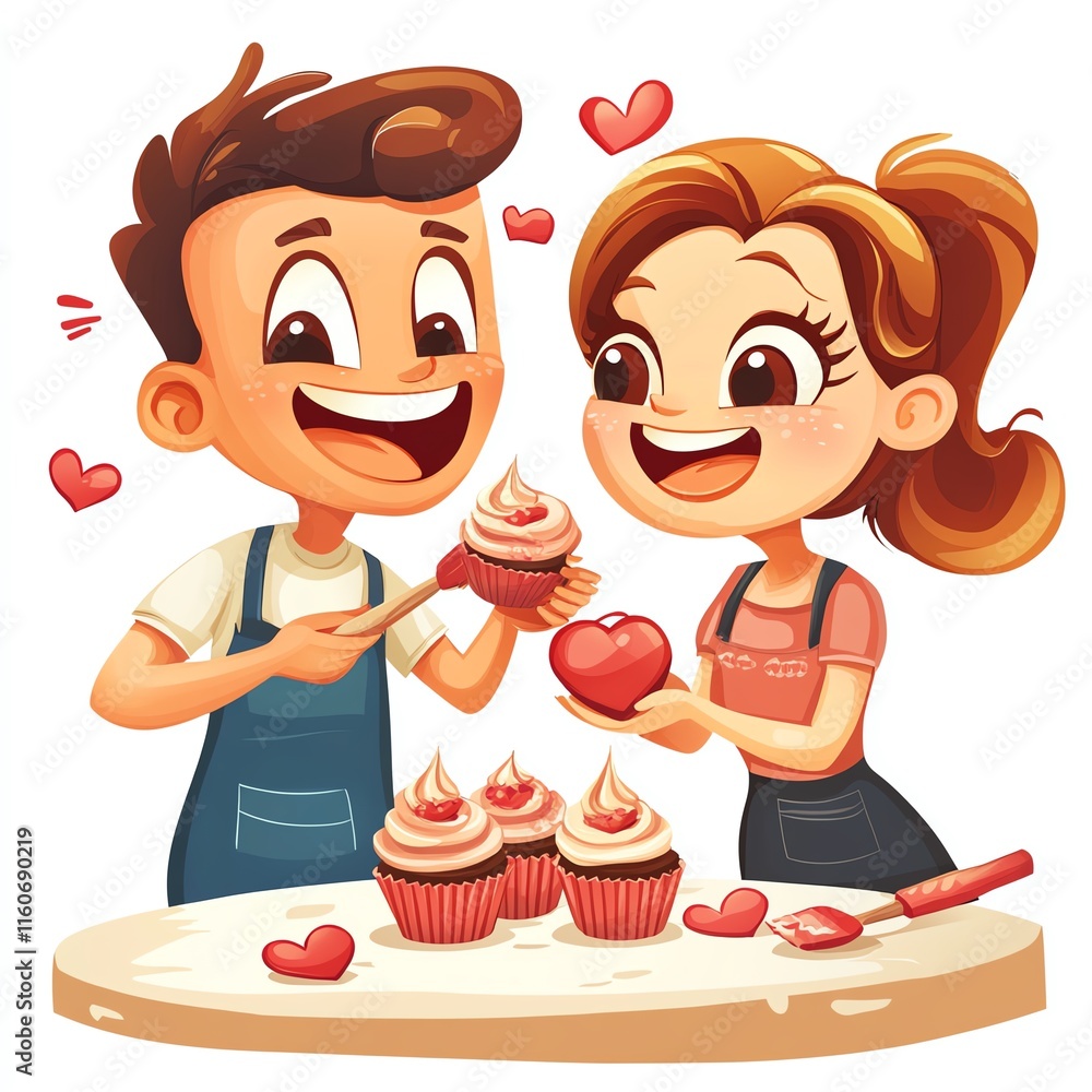 Happy couple decorating cupcakes with love and joy in a cheerful bakery setting. Happy couple decorating cupcakes with love and joy in a cheerful bakery setting.