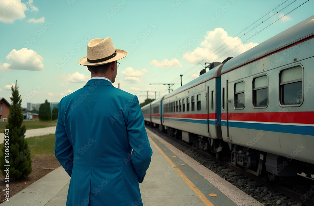 A dapper man in a tailored blue suit and stylish hat waits at a busy train station, eager for an adventure