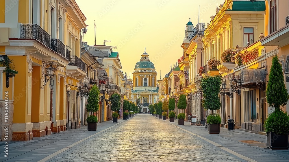 Fototapeta premium Sunlit cobblestone street lined with pastel buildings, leading to a grand dome.