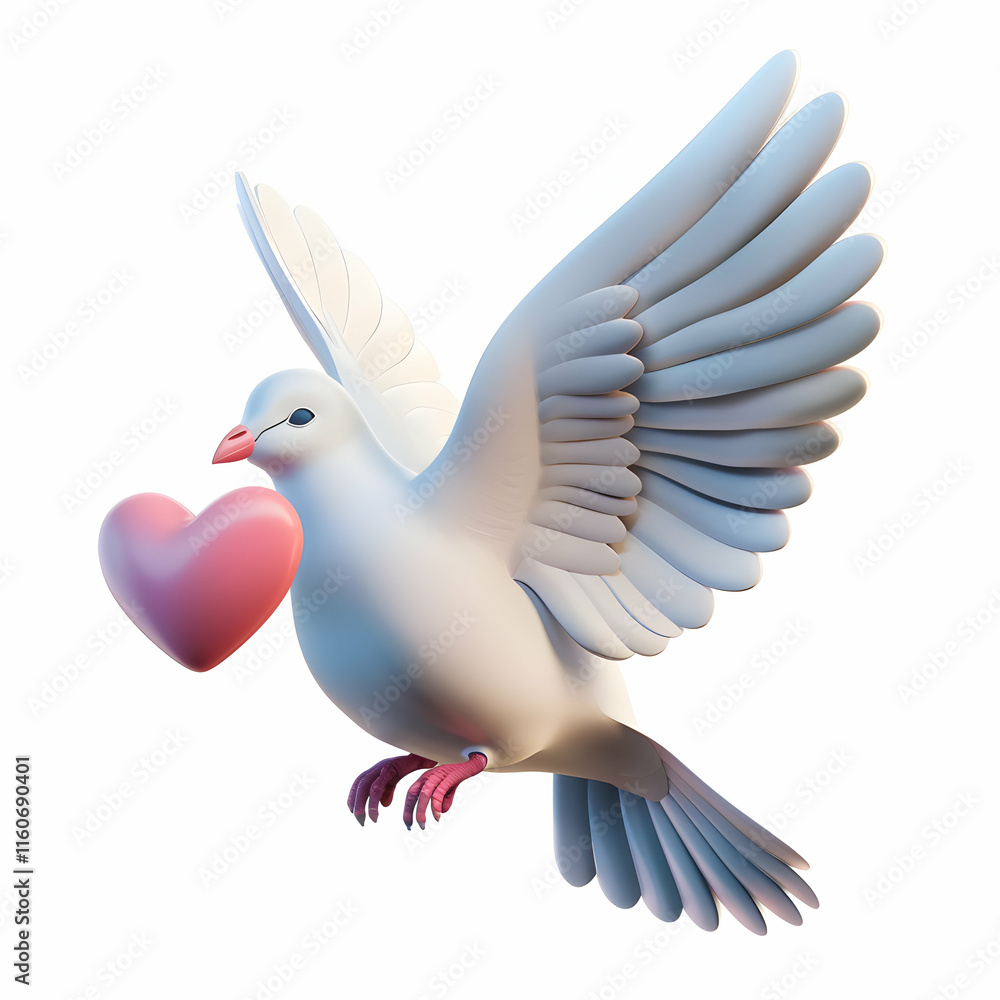 Obraz premium White dove holding heart symbolizing peace and love in flight