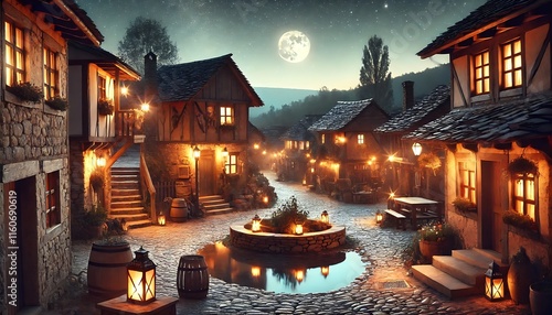 Fototapeta Naklejka Na Ścianę i Meble -  A tranquil night scene in a small village, where lanterns and torches light the cobblestone streets.