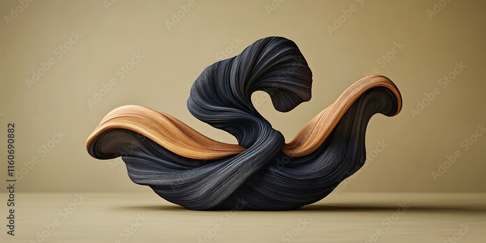 Abstract 3D rendered sculpture of flowing, intertwined dark and light brown shapes.
