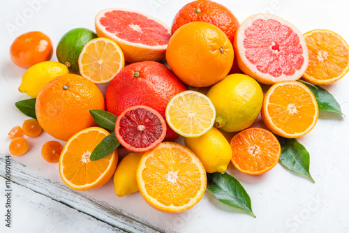 a pile of oranges and lemons on a white surface photo