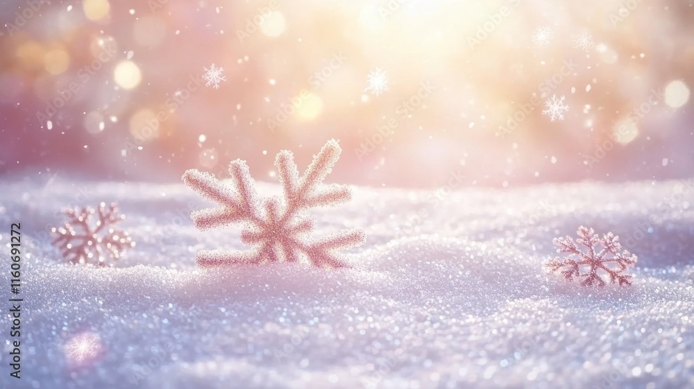 Sparkling Snowflakes Resting Gently On Soft Winter Snow Sparkling Snowflakes Resting Gently On Soft Winter Snow